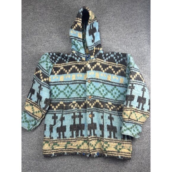 Vintage Amos & Andes Sweater Mens Large Alpaca Llama Pattern Hooded Wool 90s - Picture 1 of 10